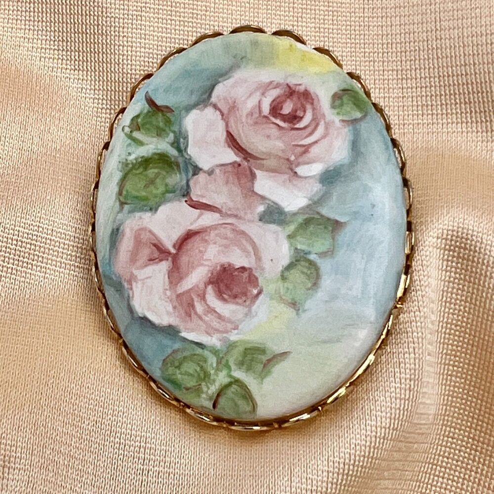 Vintage Hand-painted Porcelain Brooch Pink Roses Gold Tone Filigree Setting
